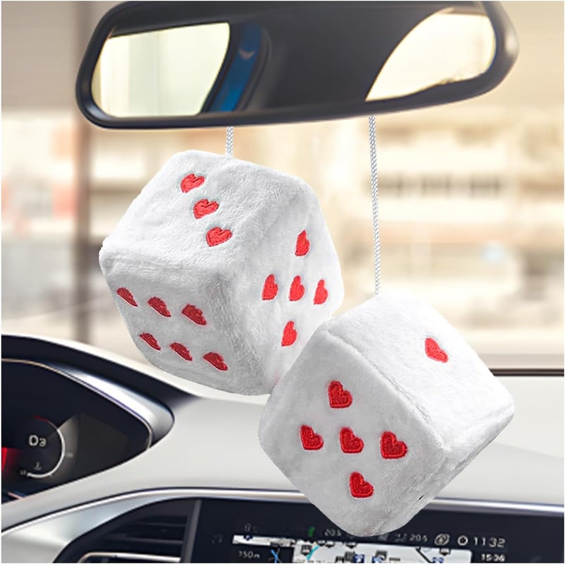 ZNDAW 2 PCS Fuzzy Plush Dice for Car Mirror, 2.75" Retro Square Heart Shape Car Rearview Mirror Cute Decor, Fluffy Dice Vehicle Hanging Ornament Decoration Interior for Women (White) - Image 1
